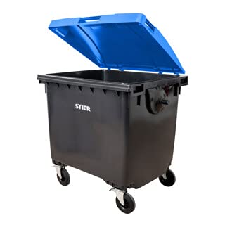 STIER 4-wheel large waste container | 660 l | gray/blue | flat lid | WxDxH 137x76x122cm | 360° swivel casters | DIN EN 840-1