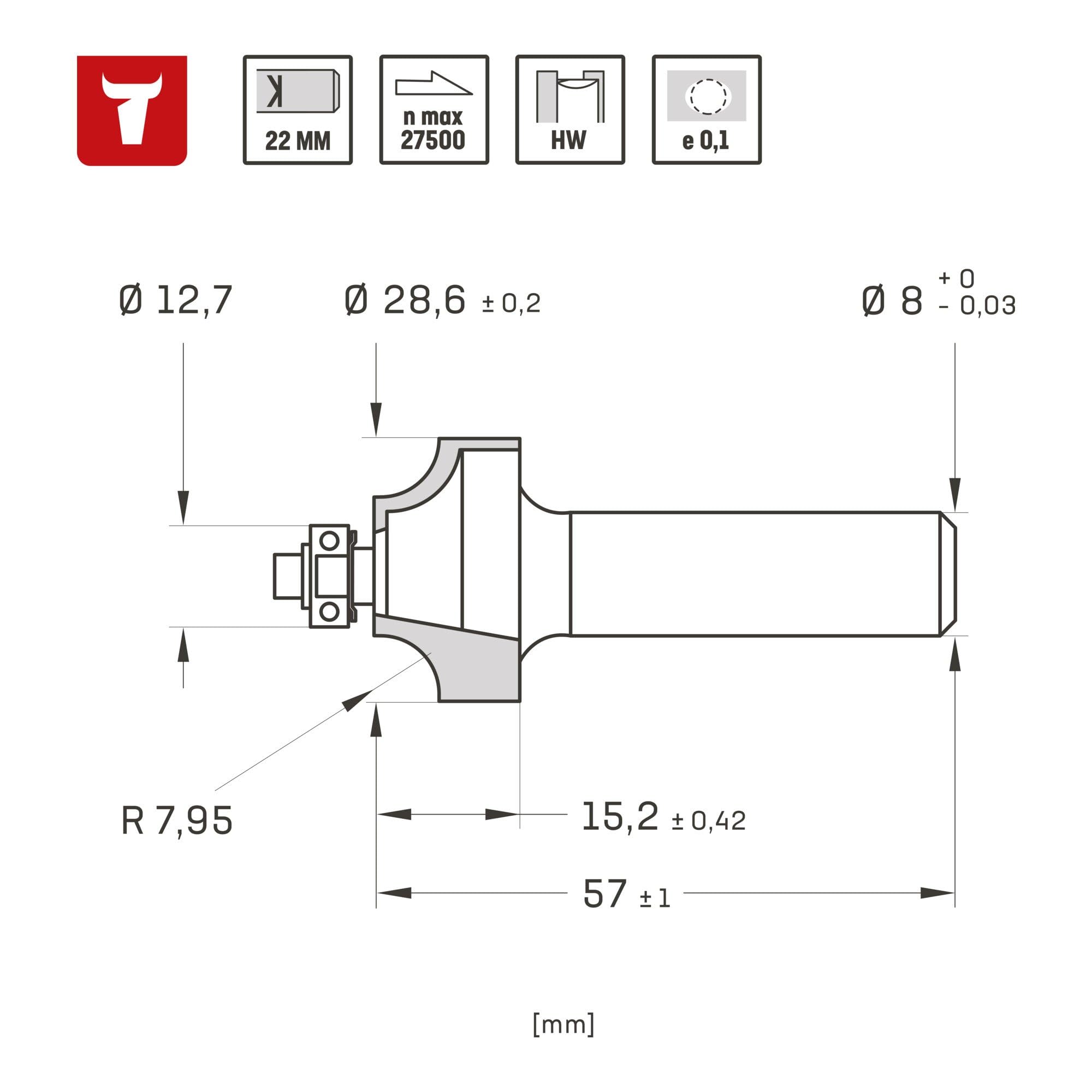 STIER rounding cutter D28.6 x R7.9 x S8 mm HM (HW)