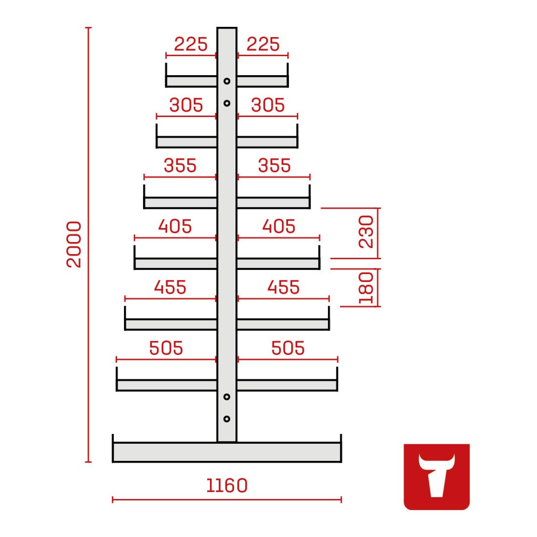 STIER Kragarmregal doppelseitig 1 Feld mit 6 absteigenden Ebenen 1300x2000x500mm feuerrot