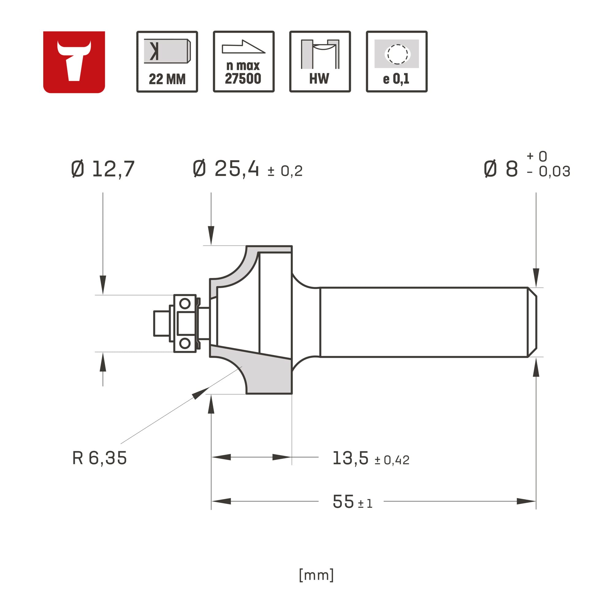 STIER rounding cutter D25.4 x R6.35 x S8 mm HM (HW)