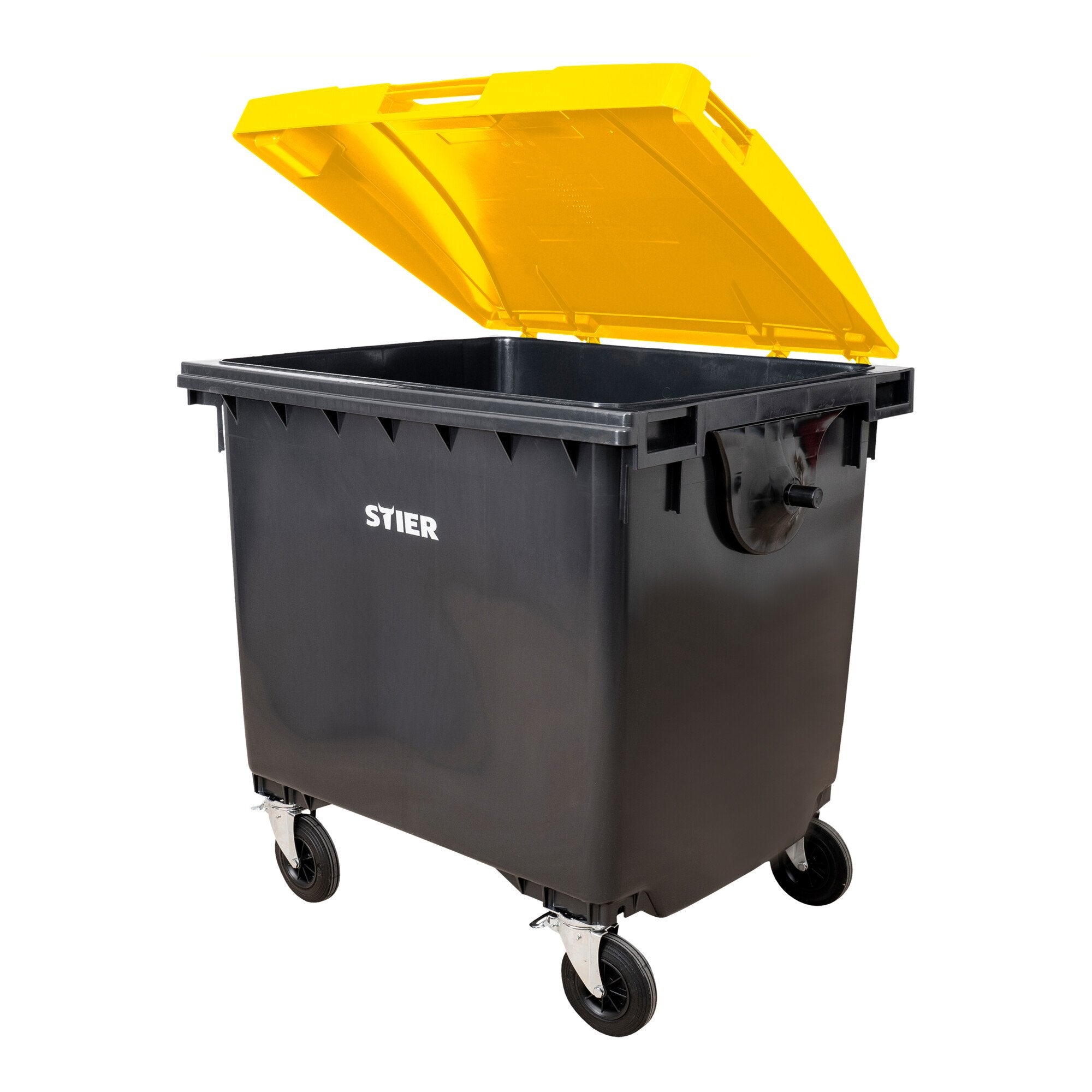 STIER 4-wheel large waste container | 660 l | gray/blue | flat lid | WxDxH 137x76x122cm | 360° swivel casters | DIN EN 840-1