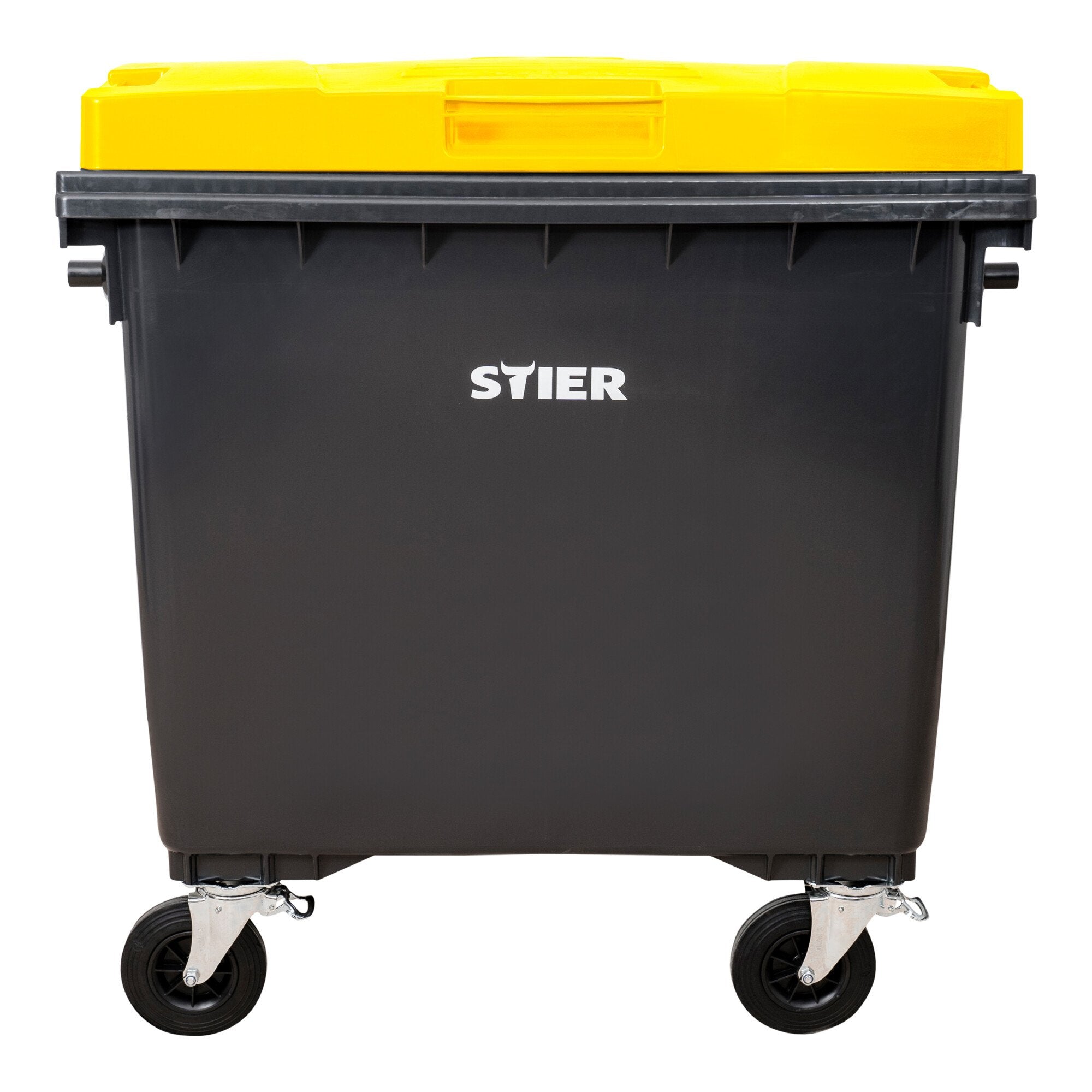 STIER 4-wheel large waste container | 660 l | gray/blue | flat lid | WxDxH 137x76x122cm | 360° swivel casters | DIN EN 840-1