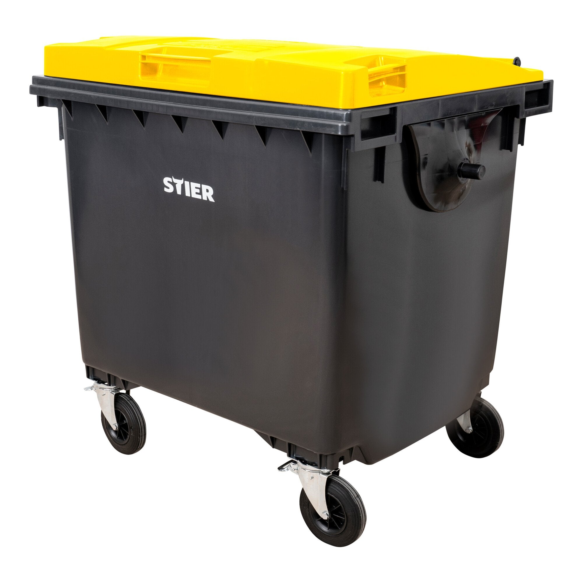 STIER 4-wheel large waste container | 660 l | gray/blue | flat lid | WxDxH 137x76x122cm | 360° swivel casters | DIN EN 840-1