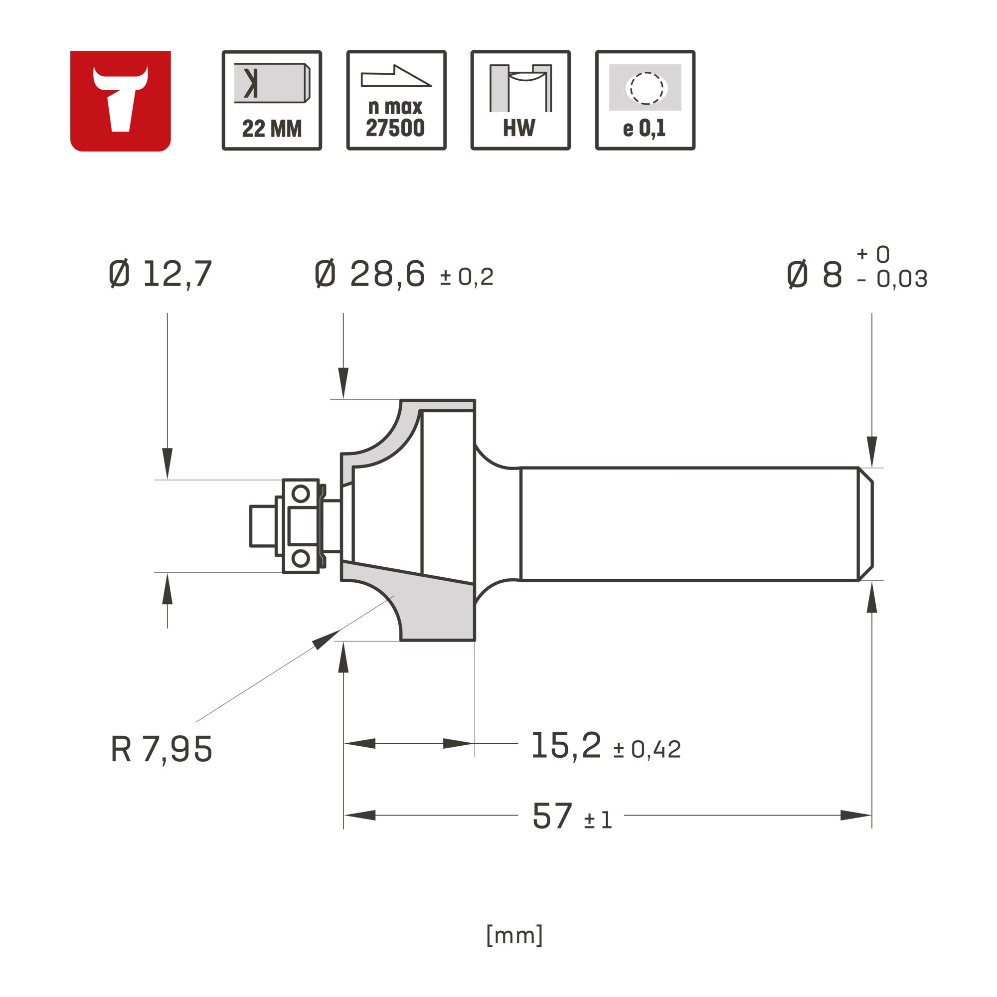 STIER rounding cutter D28.6 x R7.9 x S8 mm HM (HW)