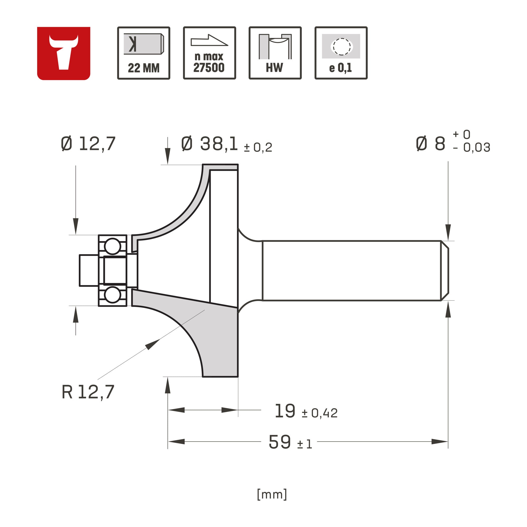 STIER rounding cutter D38.1 x R12.7 x S8 mm HM (HW)