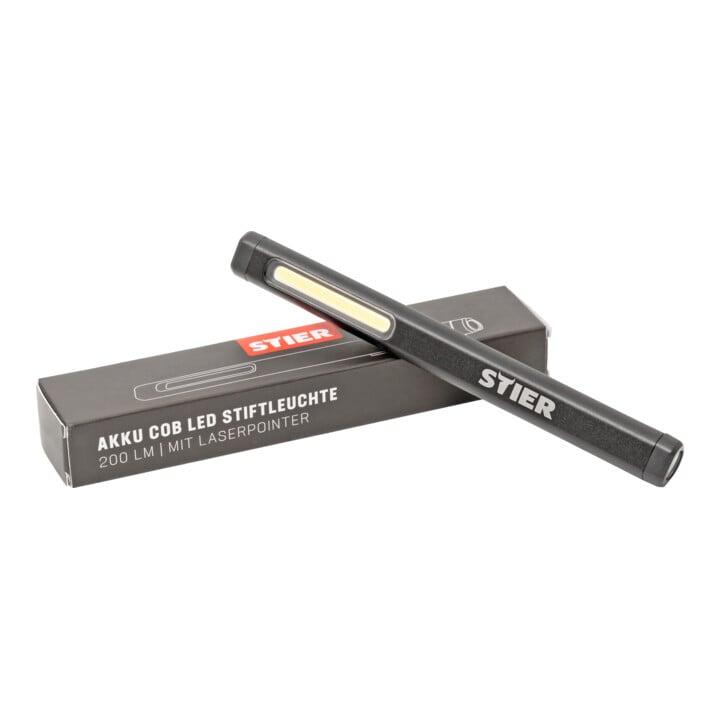 STIER battery COB LED pen light 200 lumens 750 mAh battery aluminum housing USB clip