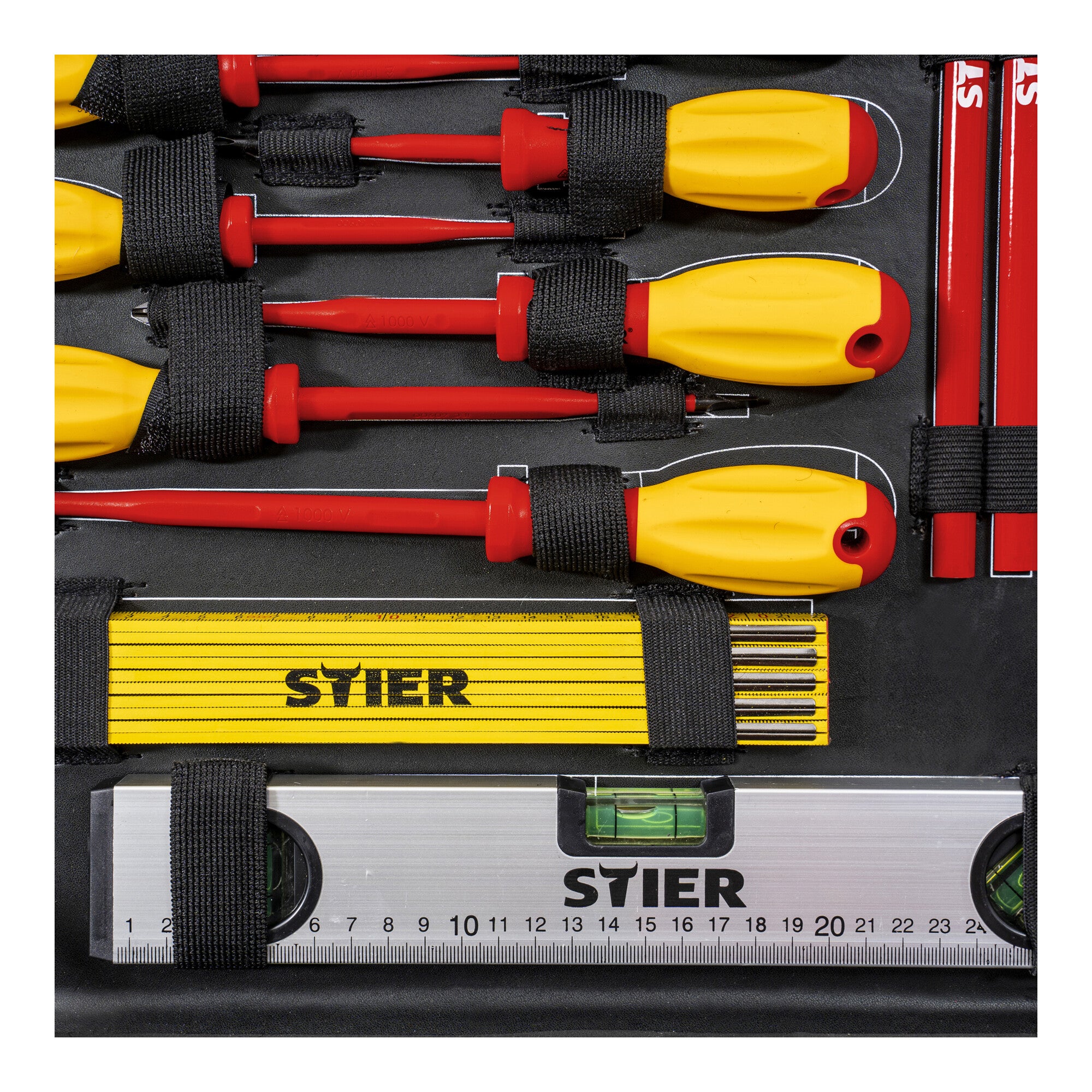 STIER Elektriker-Werkzeugsortiment Werkzeugkoffer 128-teilig Wasserwaage Hammer
