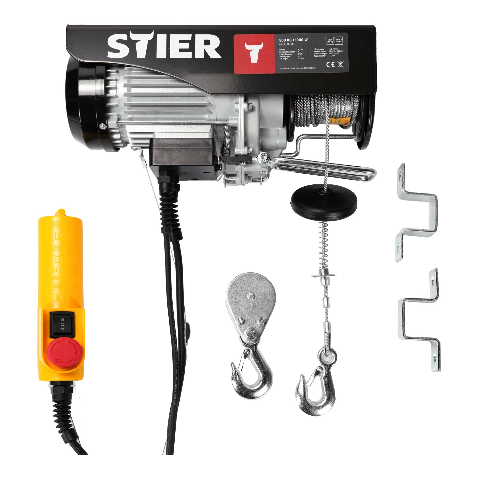 STIER Elektrischer Seilzug 250 bis 999kg Seilwinde Hebehöhe 12m 500 bis 900 W