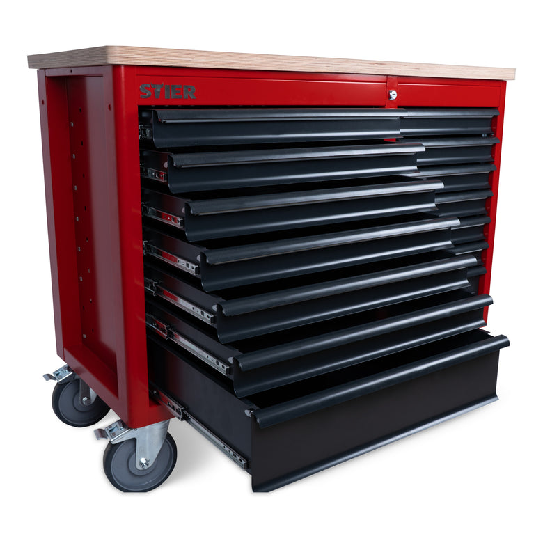 STIER Fahrbare Werkbank XXL, doppelt mit 14 Schubladen, leer