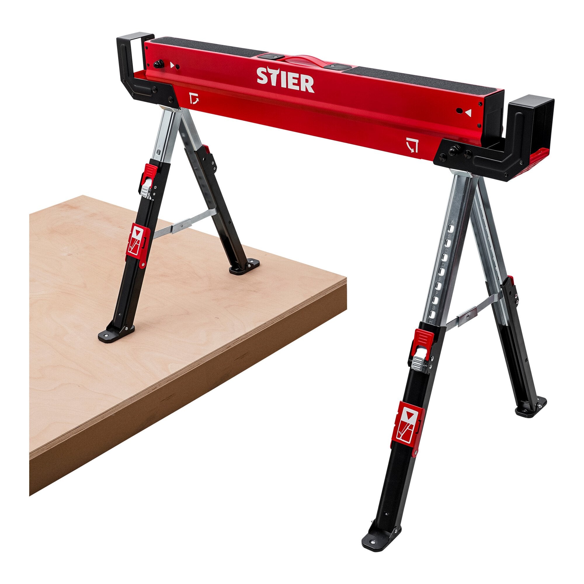STIER folding workbench sawhorse height adjustable 590 kg non-slip stand and