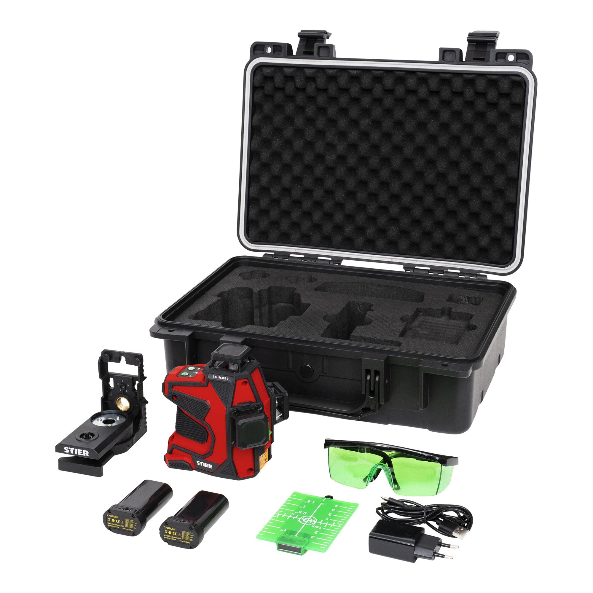 STIER cross line laser SKL 3x360°, 520nm, green, 1/4" and 5/8" thread in case
