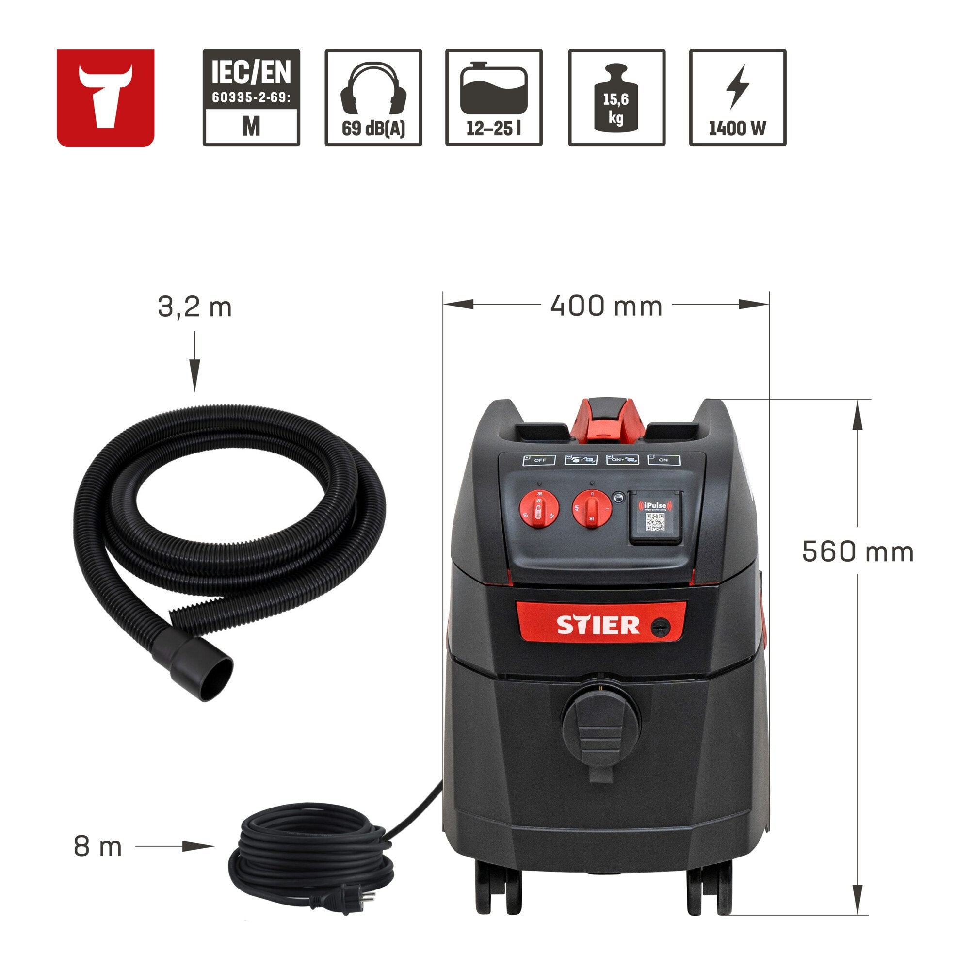 STIER wet/dry vacuum cleaner ABS-35M Premium 1400W pulse filter cleaning