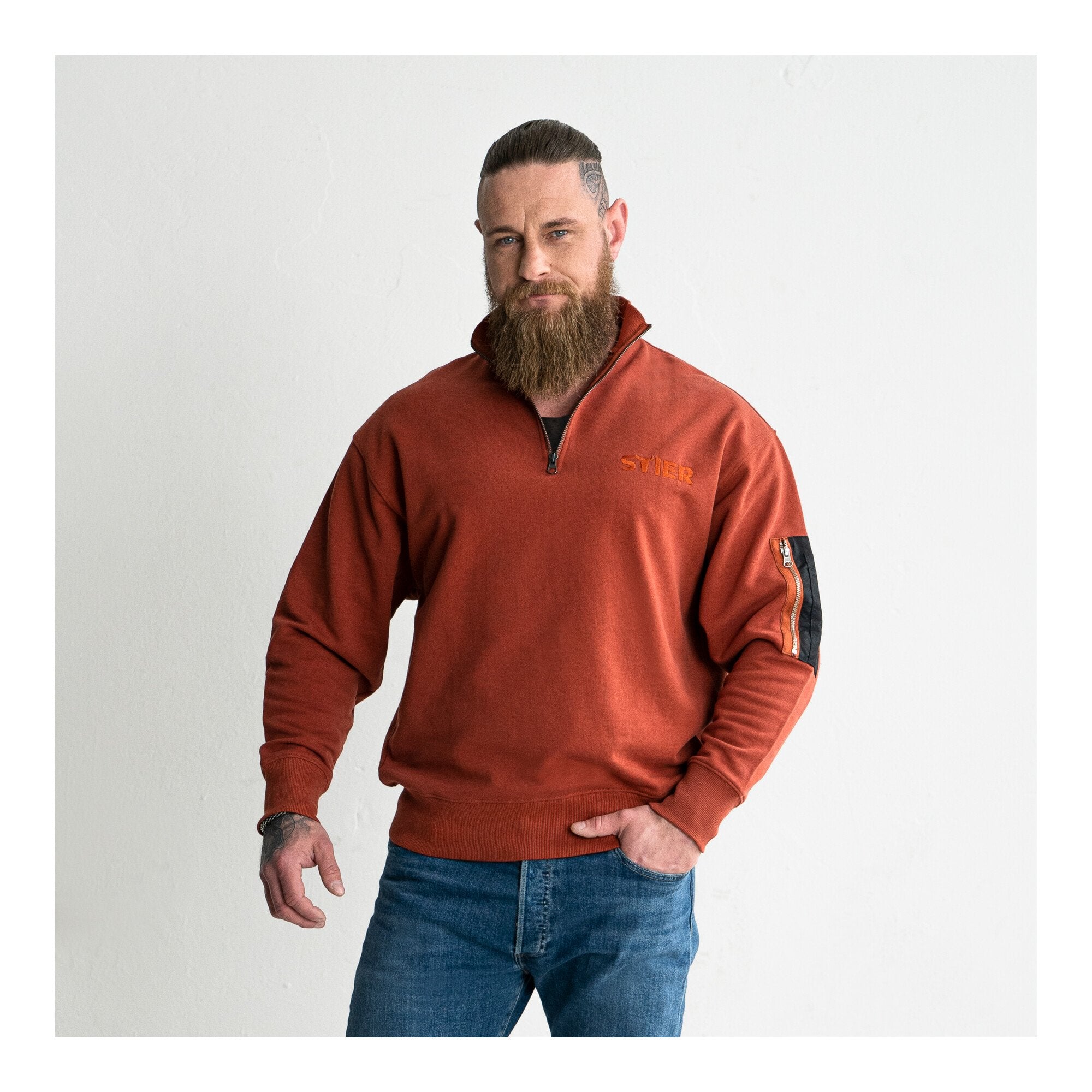 STIER Oversized Zip Sweater Functional Pocket organic cotton M Deep Red