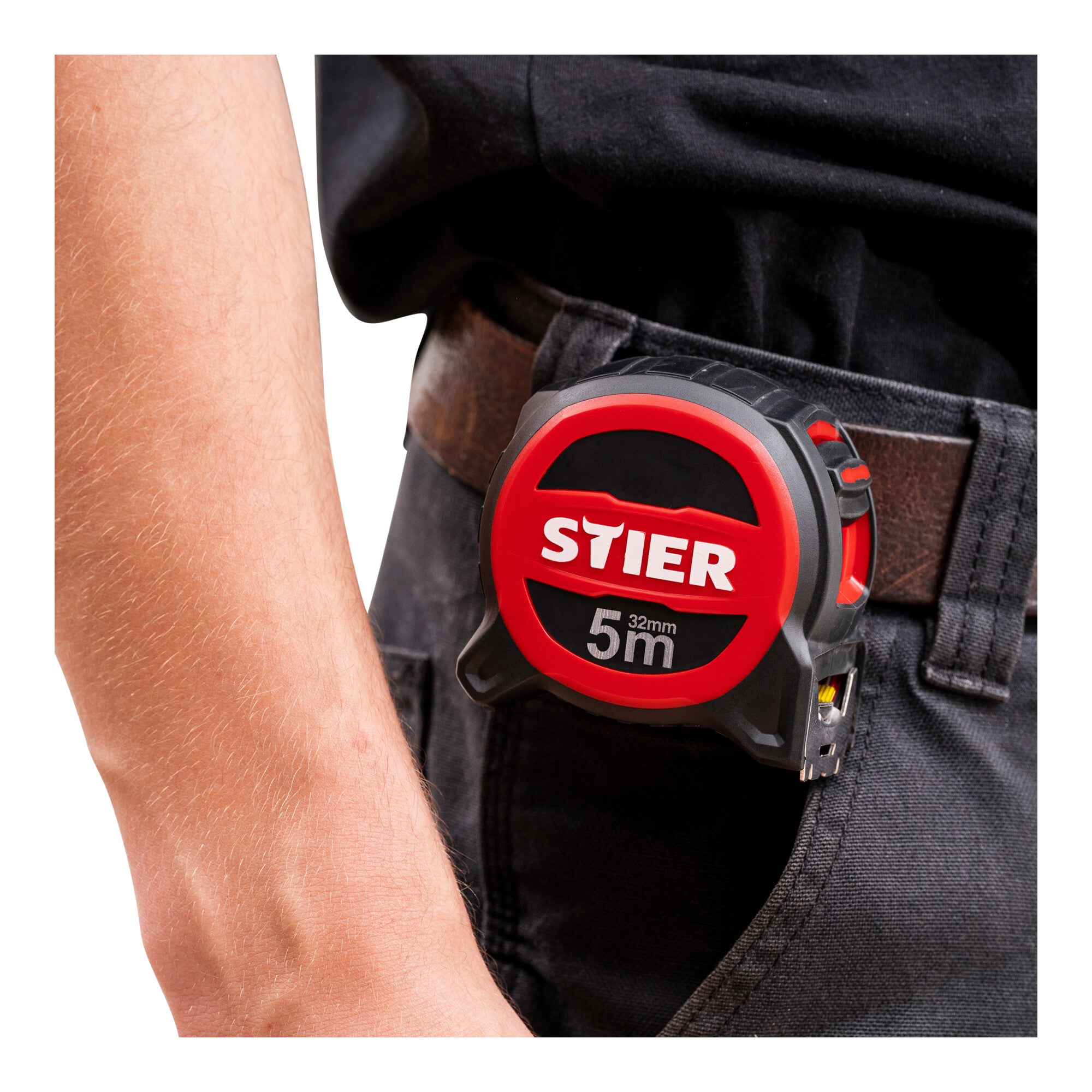 STIER Premium Taschenbandmaß | 5 m x 32 mm | mit Magnet und Edelstahlhaken für sicheren Halt | mit Gürtelclip