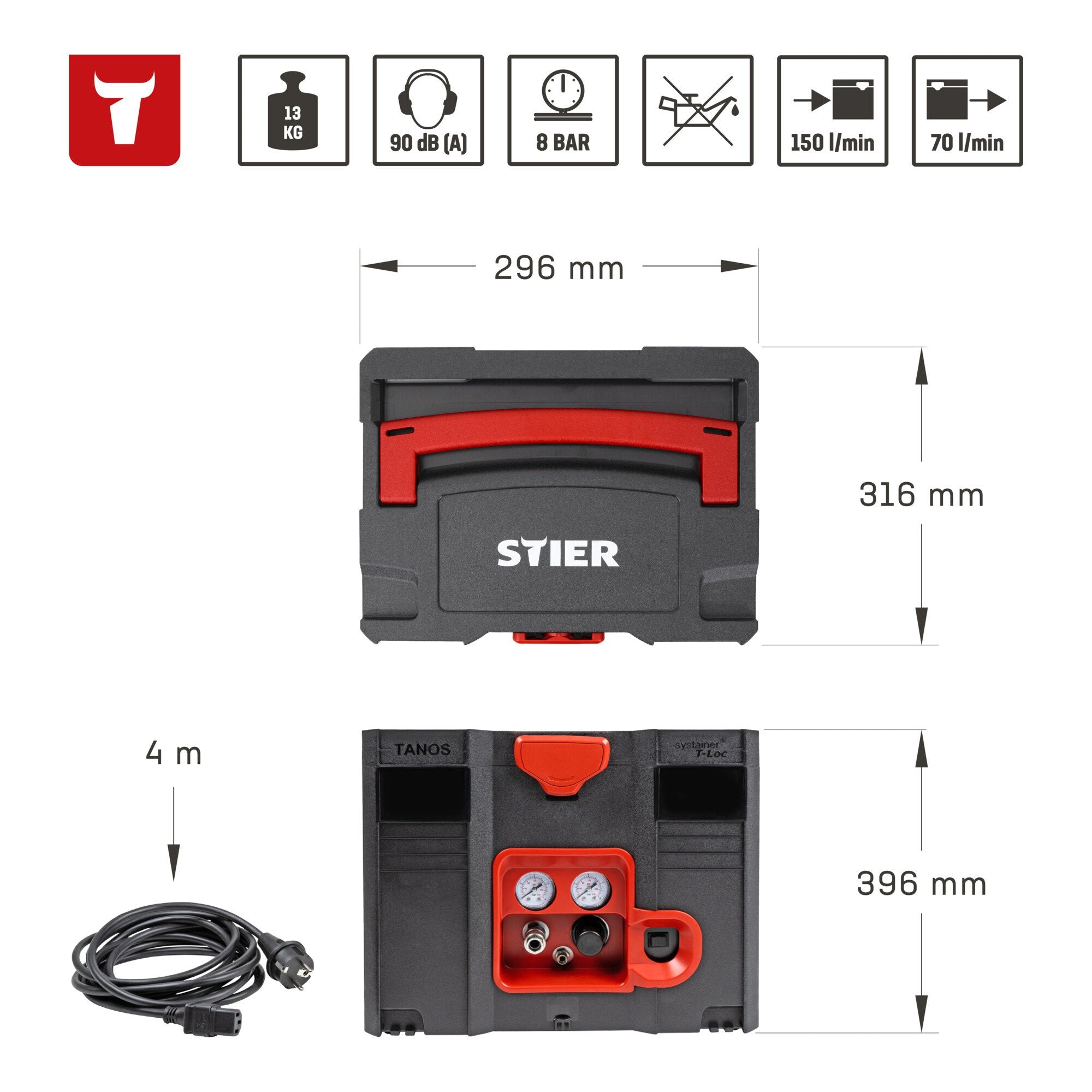 STIER Systainer compressor SKT 160-8-6 oil-free SysMaster compressed air pressure reducer