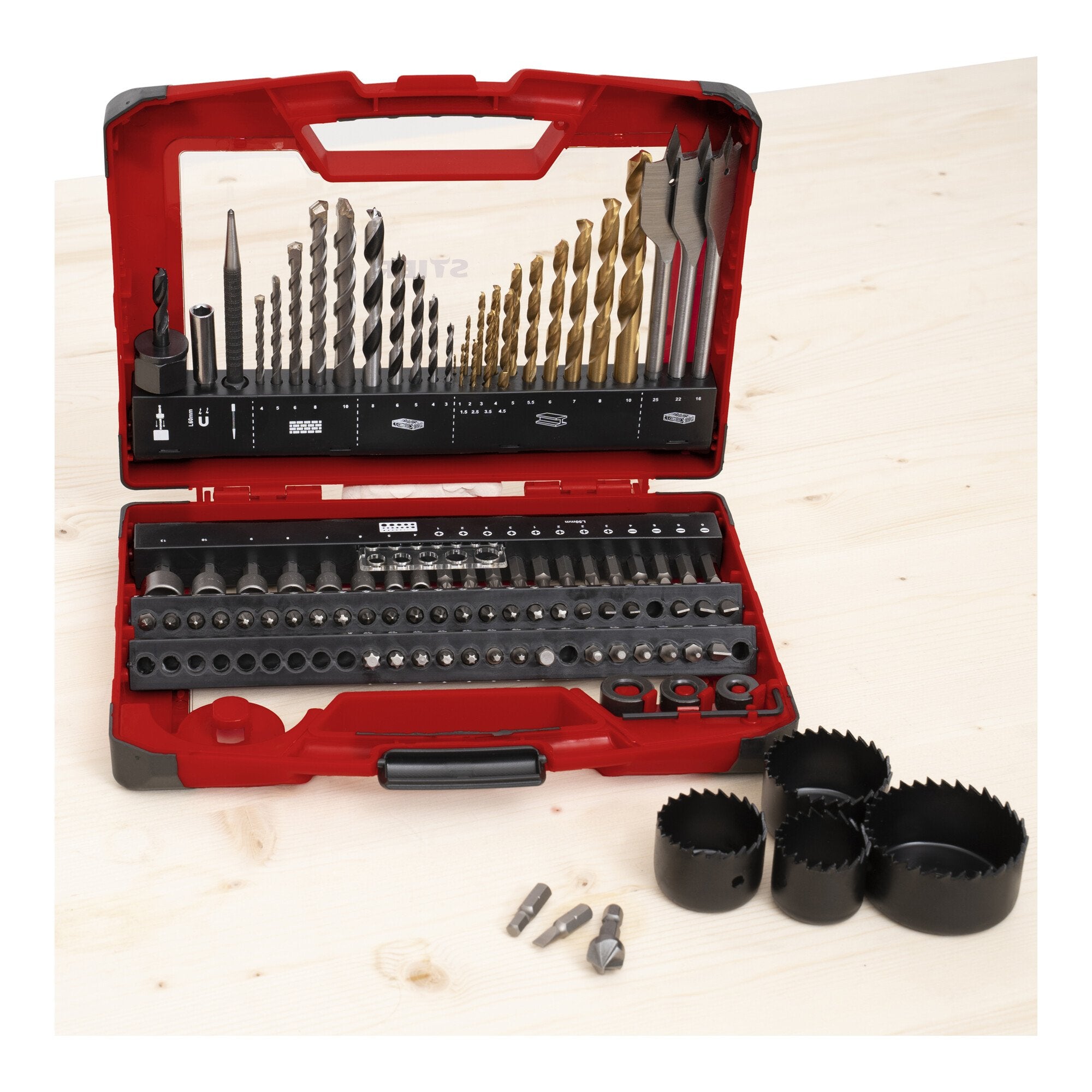 STIER TiN drill set, saw set and bit set 100 pieces, titanium nitride wood drill