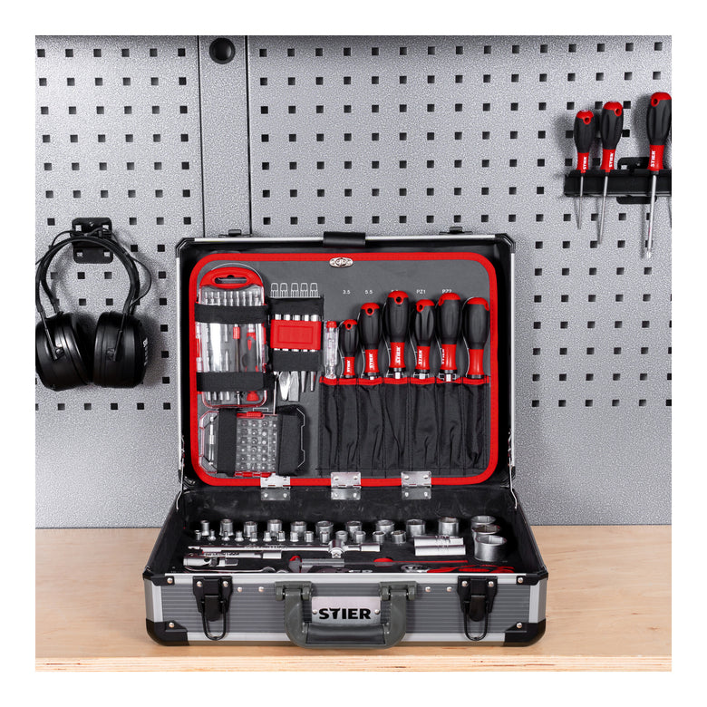 STIER Universal Werkzeugkoffer 144 teilig bestückt Werkzeug Koffer aus Aluminium