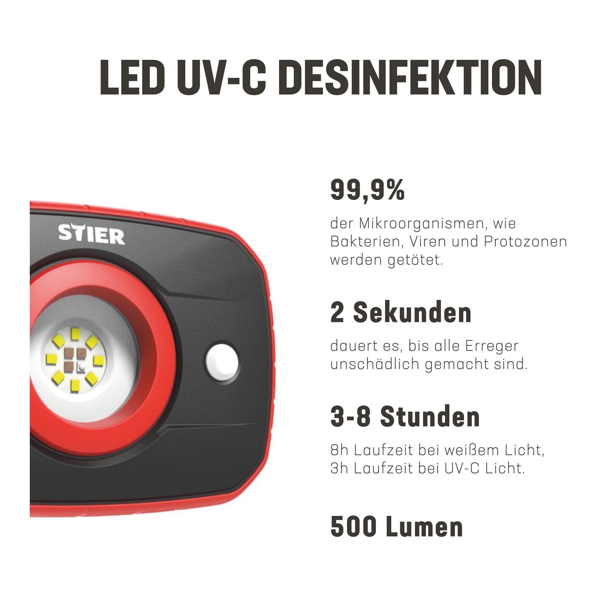 STIER UV-C Desinfektionslampe Entkeimungslampe SMD 270 nm 4400 mAh UVC Lampe