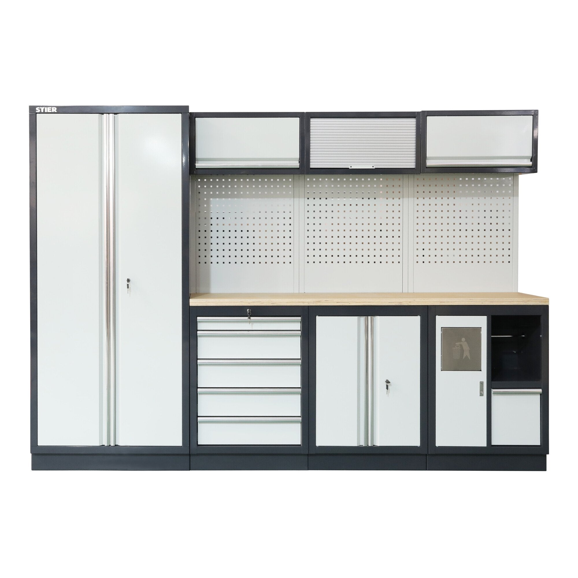 STIER Werkstatteinrichtung Basic 3-teilig mit Lochwand und Multiplex-Arbeitsplatte BxTxH 2275x460x2000mm