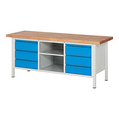 STIER Höhenverstellbare Werkbank Premium mit 1 Schublade BxTxH 1500x700x840-1040mm RAL 7035 / RAL 5012