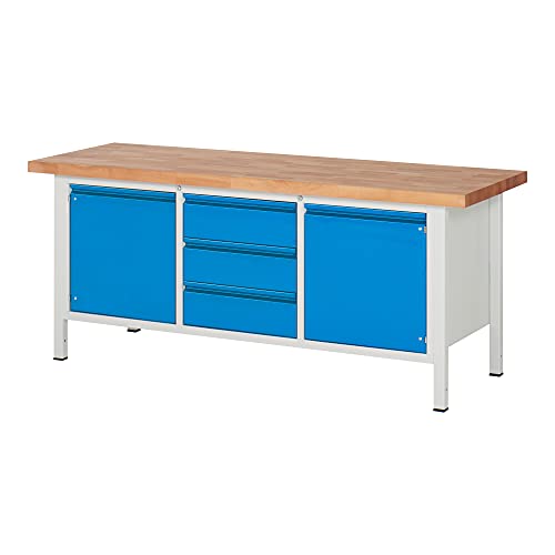 STIER Höhenverstellbare Werkbank Premium mit 2 Schubladen und 2 Flügeltüren BxTxH 1500x700x840-1040mm RAL 7035 / RAL 5012