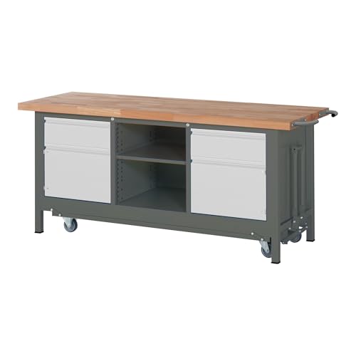 STIER Werkbank Premium mit abs. Fahrgestell, 2 Schubladen und 2 Flügeltüren BxTxH 2000x700x880mm