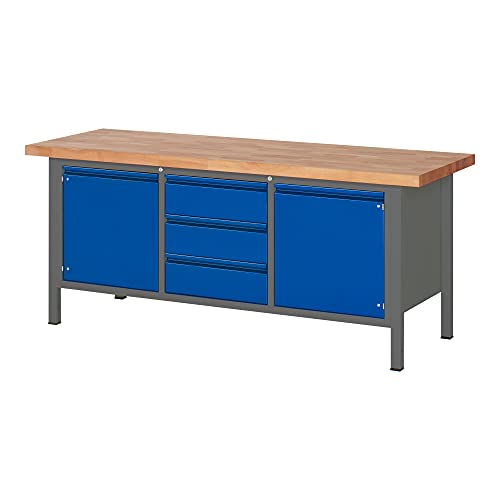 STIER Höhenverstellbare Werkbank Premium mit 2 Schubladen und 2 Flügeltüren BxTxH 1500x700x840-1040mm anthrazitmetall / RAL 5010