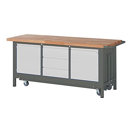 STIER Werkbank Premium mit abs. Fahrgestell, 2 Schubladen und 2 Flügeltüren BxTxH 2000x700x880mm