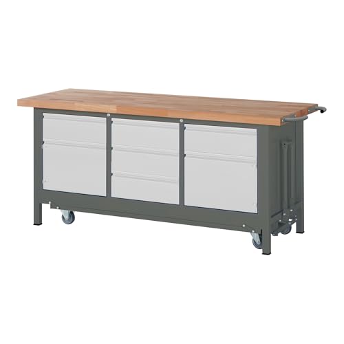 STIER Werkbank Premium mit abs. Fahrgestell, 2 Schubladen und 2 Flügeltüren BxTxH 2000x700x880mm