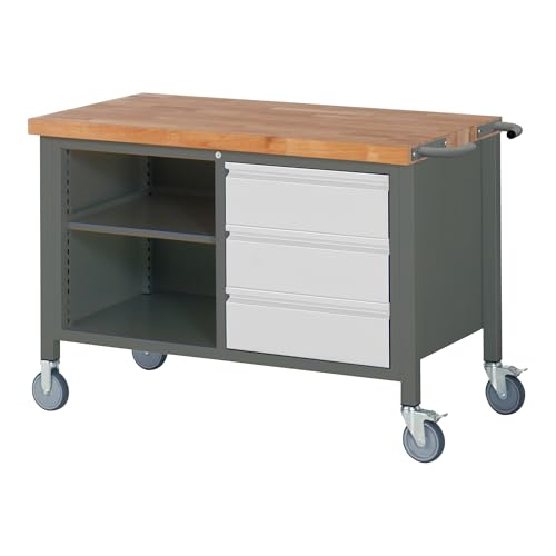 STIER Fahrbare Werkbank Premium mit 3 Schubladen und einem offenen Fach BxTxH 1250x700x880 mm