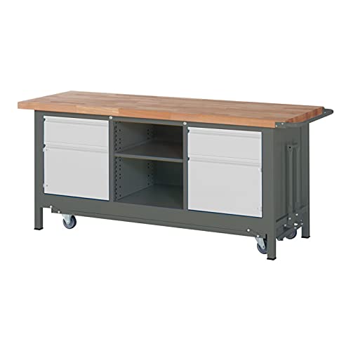 STIER Werkbank Premium mit abs. Fahrgestell, 2 Schubladen und 2 Flügeltüren BxTxH 2000x700x880mm