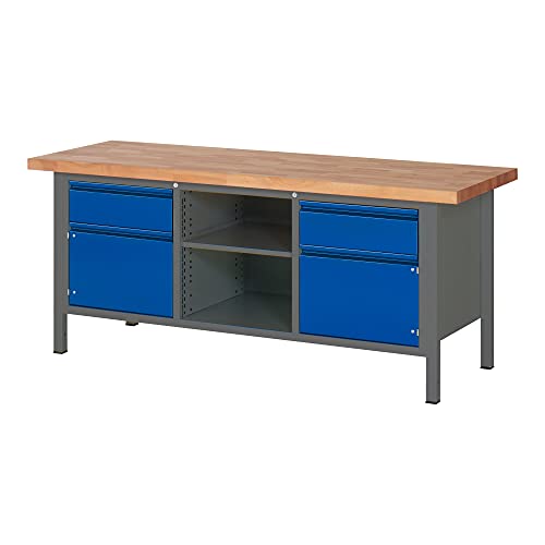 STIER Höhenverstellbare Werkbank Premium mit 2 Schubladen und 2 Flügeltüren BxTxH 1500x700x840-1040mm anthrazitmetall / RAL 5010