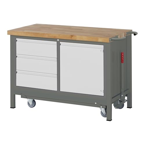 STIER Werkbank Premium mit abs. Fahrgestell, 2 Schubladen und 2 Flügeltüren BxTxH 1250x700x880mm