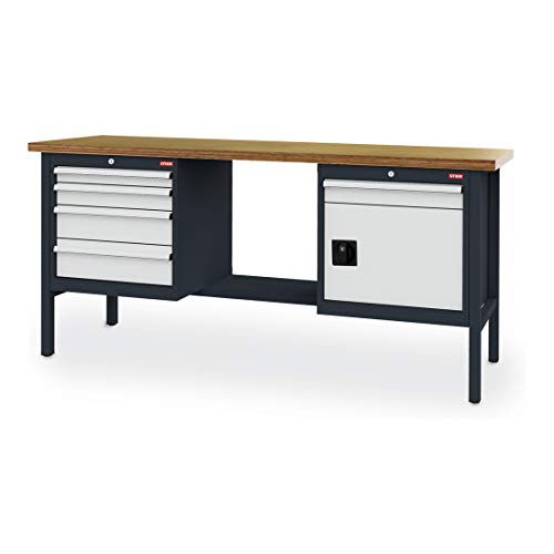 STIER workbench with 5 drawers and 1 door WxDxH 2000x600x960 mm RAL 7016 / RAL