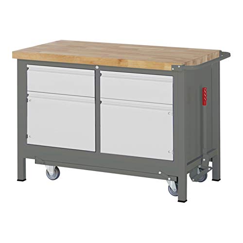 STIER Werkbank Premium mit abs. Fahrgestell, 2 Schubladen und 2 Flügeltüren BxTxH 1250x700x880mm