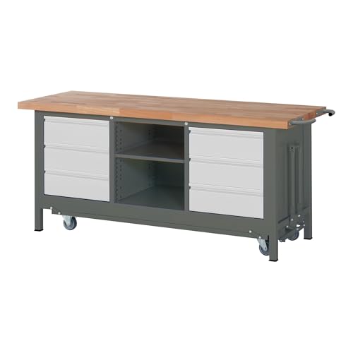 STIER Werkbank Premium mit abs. Fahrgestell, 2 Schubladen und 2 Flügeltüren BxTxH 2000x700x880mm