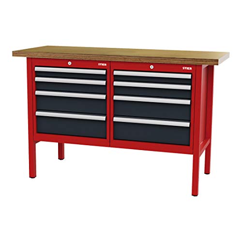 STIER Werkbank mit 8 Schubladen BxTxH 1500x600x960 mm RAL 3020 / RAL 7016