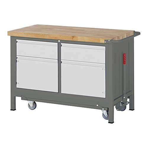 STIER Werkbank Premium mit abs. Fahrgestell, 2 Schubladen und 2 Flügeltüren BxTxH 1250x700x880mm