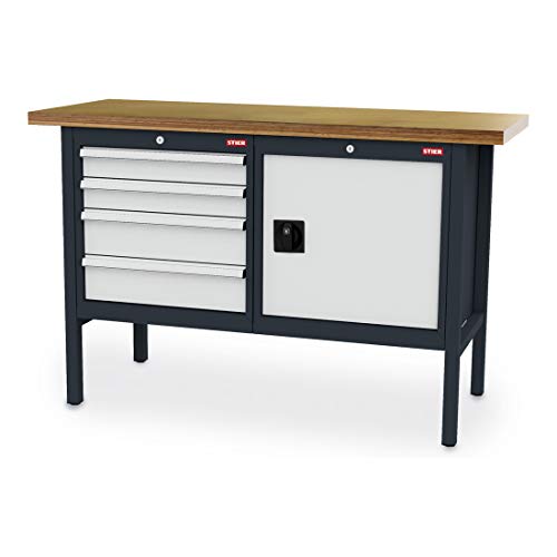 STIER Werkbank mit 4 Schubladen und 1 Tür BxTxH 1500x600x960 mm RAL 7016 / RAL