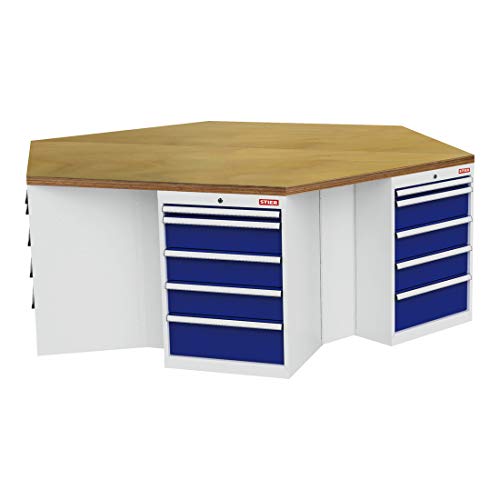 STIER 6-corner workbench WxDxH 2500x2165x860 mm light grey/gentian blue