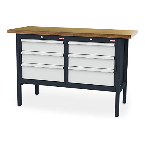 STIER Werkbank mit 6 Schubladen BxTxH 1500x600x960 mm RAL 7016 / RAL 7035