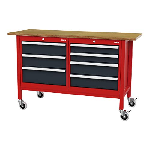 STIER Mobile Kastenwerkbank mit 4 Schubladen und 2 Holzfachböden BxTxH 1300x600x960 mm RAL 3020 / RAL 7016