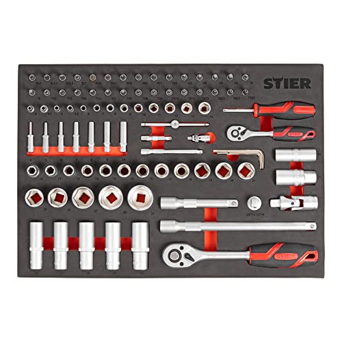 STIER Steckschlüssel Satz 92-teilig Chrom-Vanadium-Stahl 1/4 Zoll 1/2 Zoll mit