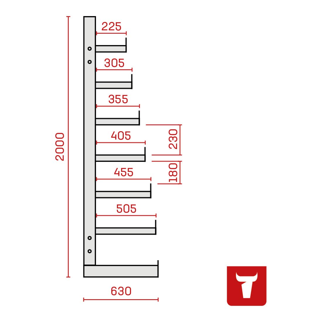 STIER Kragarmregal einseitig 1 Feld mit 6 absteigenden Ebenen 1300x2000x500mm feuerrot