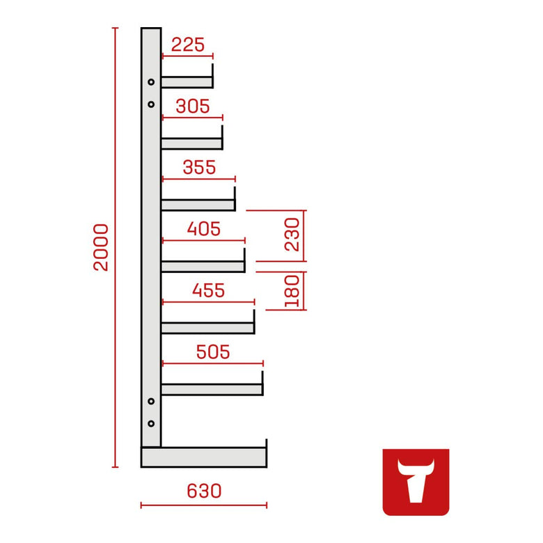 STIER Kragarmregal einseitig 1 Feld mit 6 absteigenden Ebenen 1300x2000x500mm feuerrot