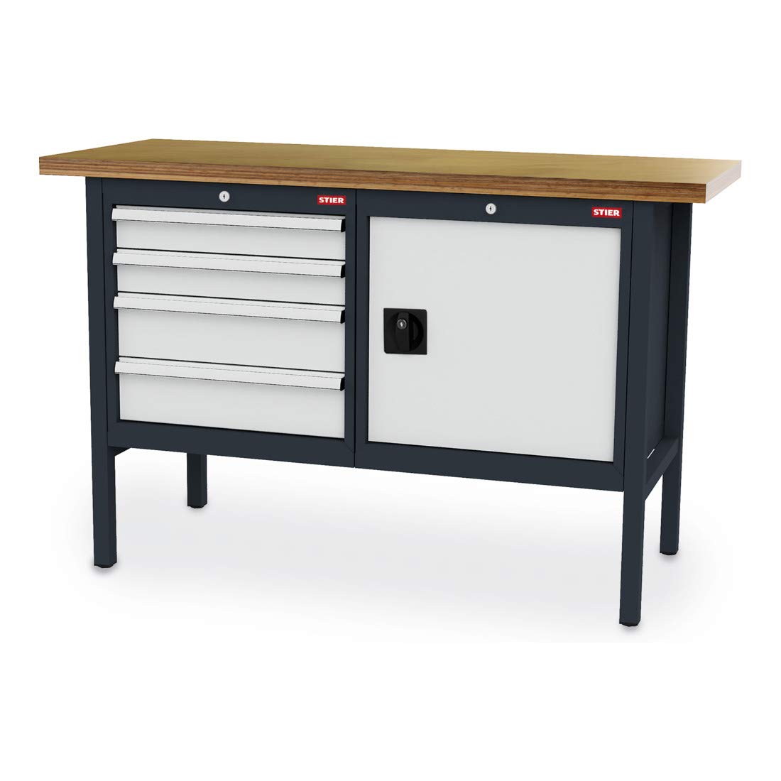 STIER Werkbank mit 4 Schubladen und 1 Tür BxTxH 1500x600x960 mm RAL 7016 / RAL