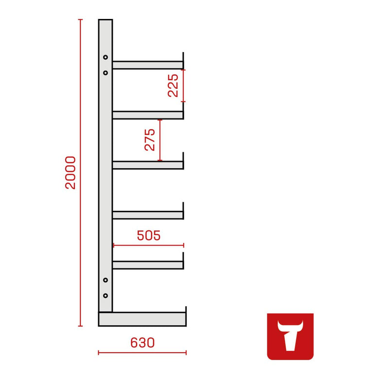 STIER cantilever rack one-sided 1 bay with 5 levels 1300x2000x500mm fire red