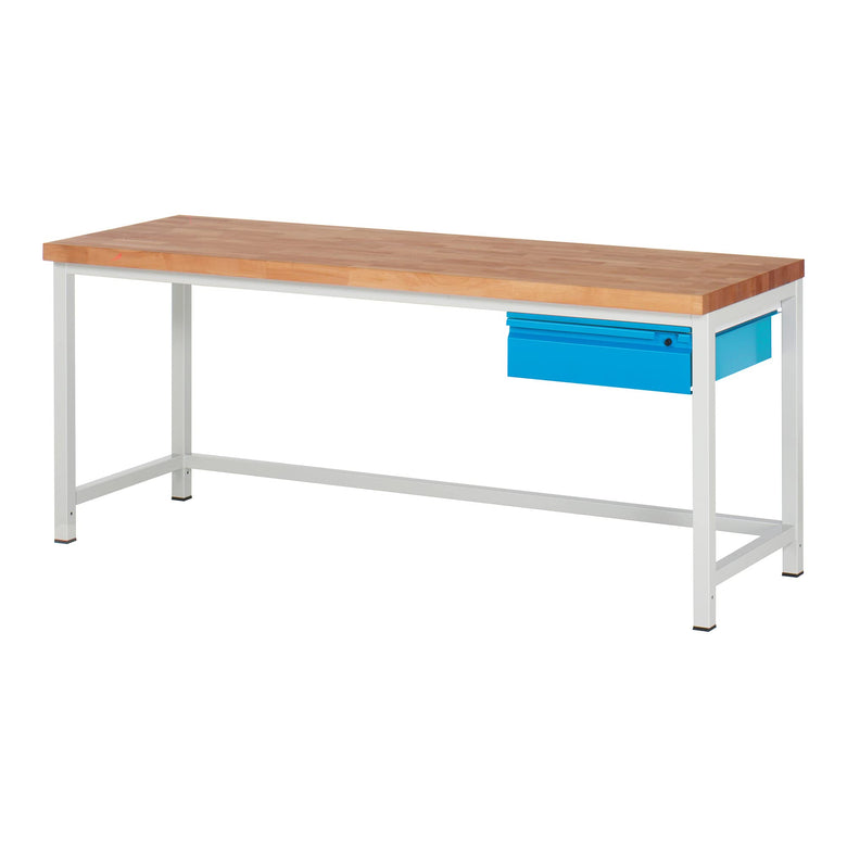 STIER Höhenverstellbare Werkbank Premium mit 1 Schublade BxTxH 1500x700x840-1040mm RAL 7035 / RAL 5012