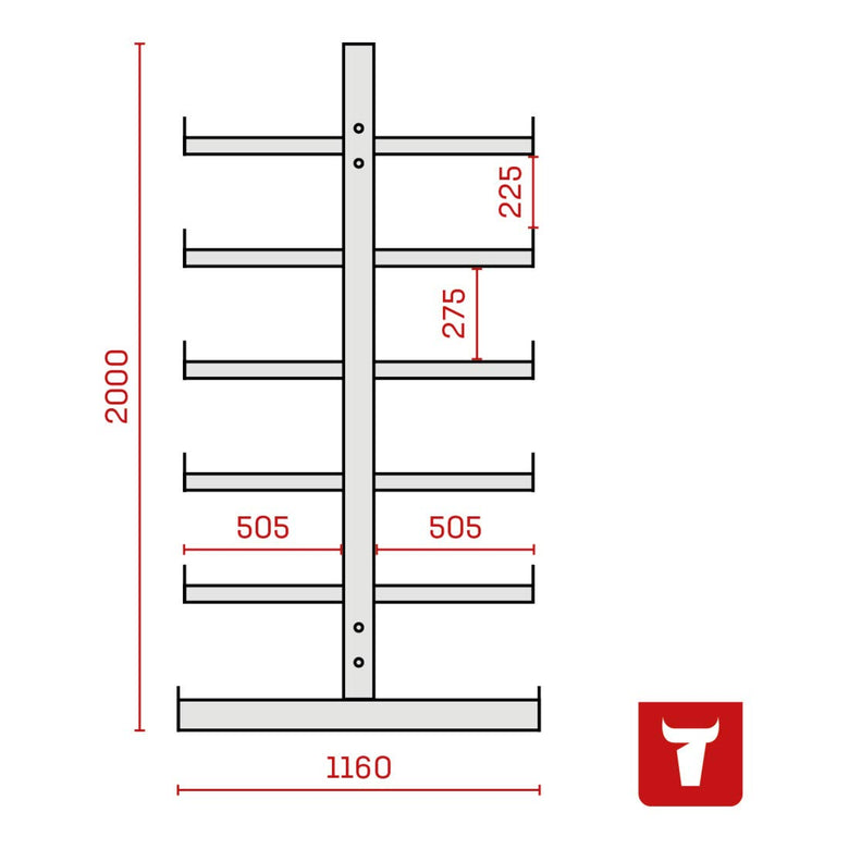 STIER cantilever rack double-sided 1 bay with 5 levels 1300x2000x500mm fire red