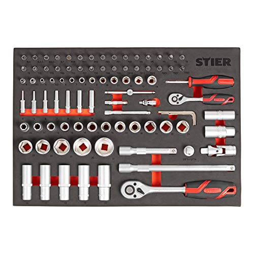 STIER Steckschlüssel Satz 92-teilig Chrom-Vanadium-Stahl 1/4 Zoll 1/2 Zoll mit